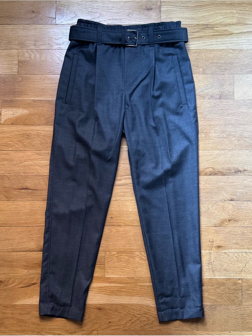 NWOT grey Brunello Cucinelli virgin wool stretch waist belted pants (size: 2)